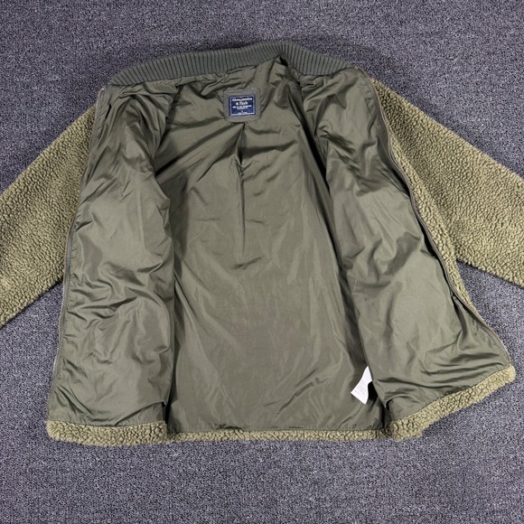 VTG Abercrombie & Fitch Mens L Olive Green Sherpa Fleece Full Zip Bomber Jacket - Picture 2 of 7